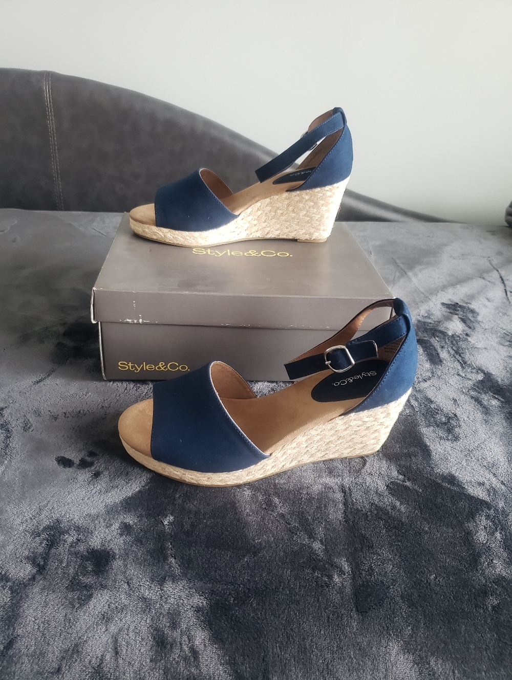 New In Box Style & Co. Navy Espadrille Wedge Sandals with Ankle Strap